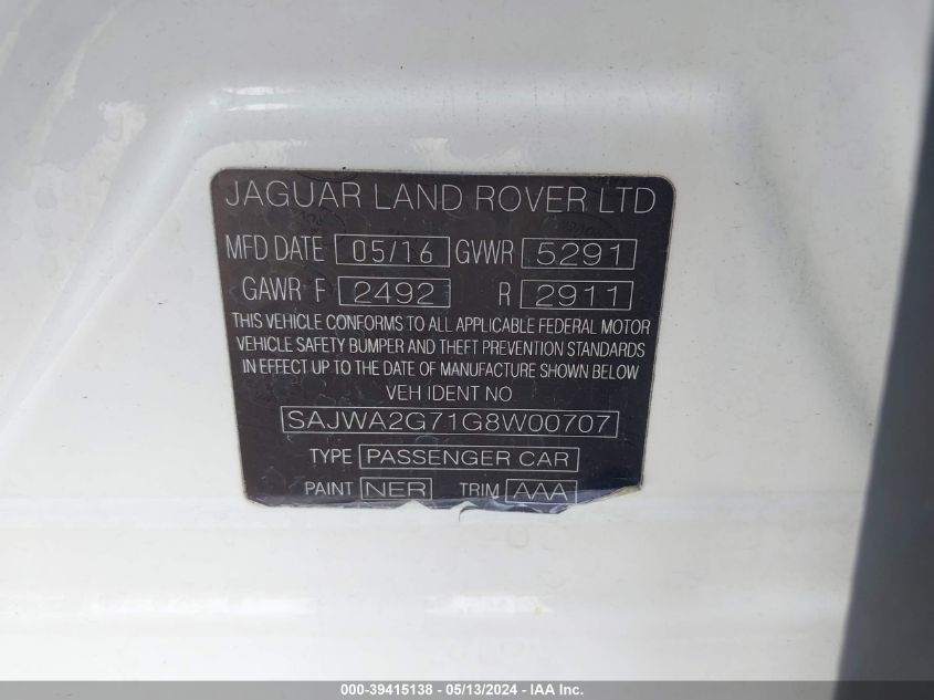 2016 Jaguar Xj Xjl Portfolio VIN: SAJWA2G71G8W00707 Lot: 39415138