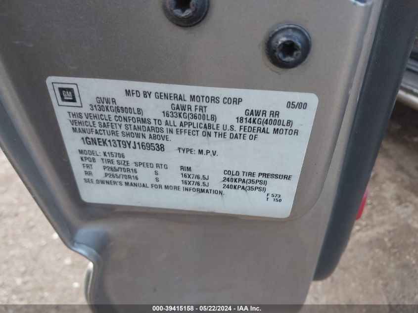 2000 Chevrolet Tahoe All New Lt VIN: 1GNEK13T9YJ169538 Lot: 39415158