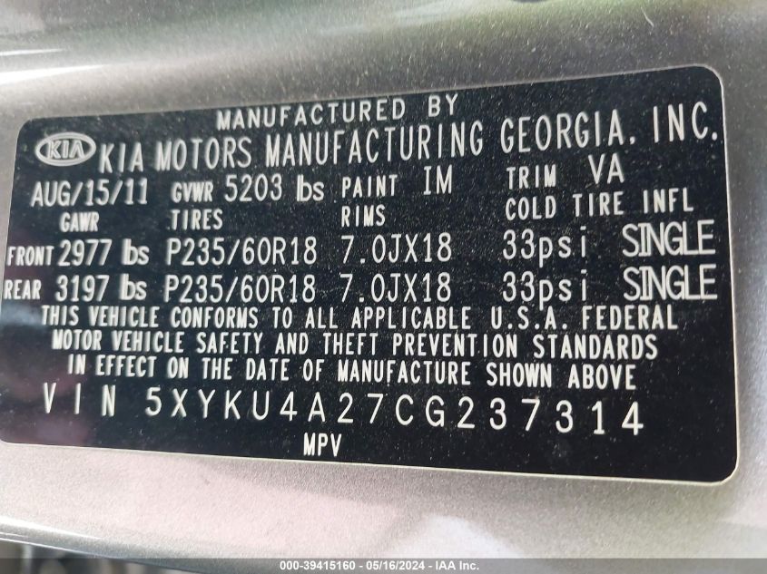 2012 Kia Sorento Ex V6 VIN: 5XYKU4A27CG237314 Lot: 39415160