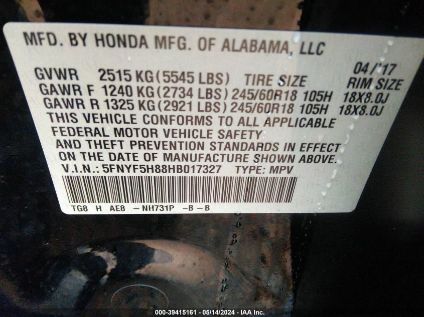 2017 Honda Pilot Ex-L VIN: 5FNYF5H88HB017327 Lot: 39415161