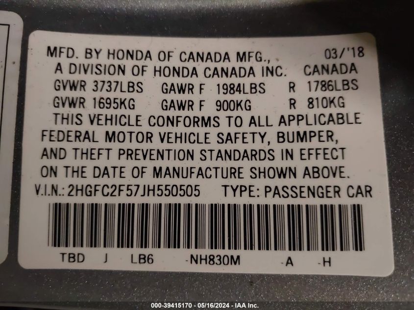2018 Honda Civic Lx VIN: 2HGFC2F57JH550505 Lot: 39415170