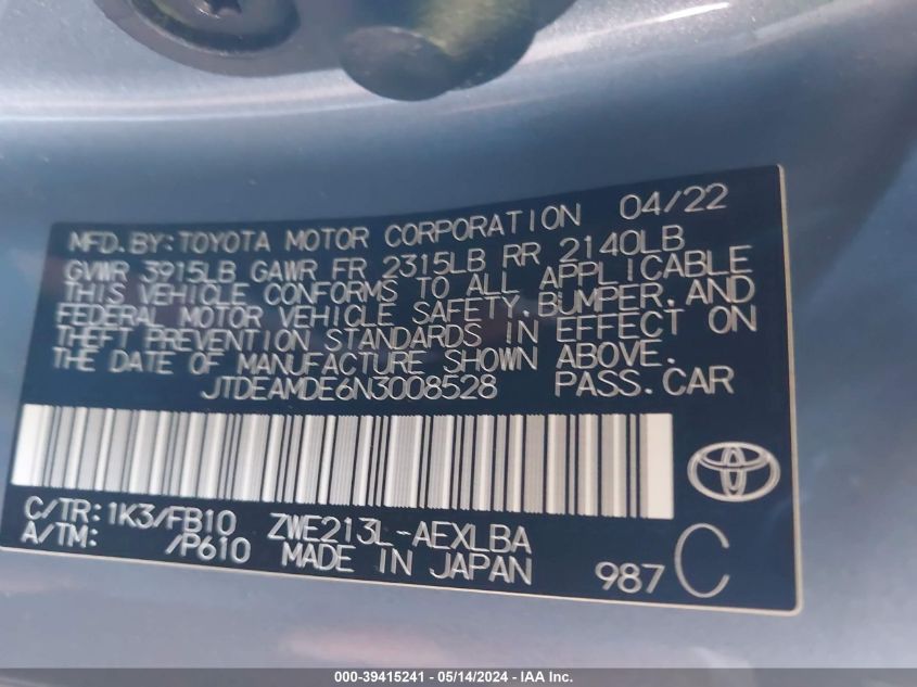 2022 Toyota Corolla Hybrid Le VIN: JTDEAMDE6N3008528 Lot: 39415241