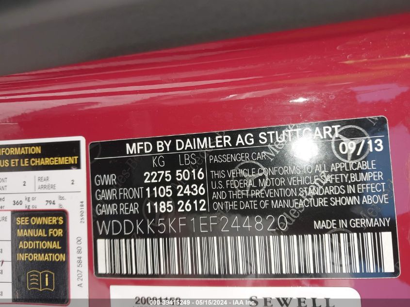 2014 Mercedes-Benz E 350 VIN: WDDKK5KF1EF244820 Lot: 39415249