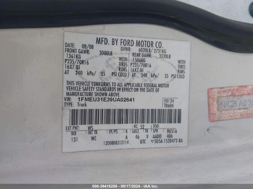 2009 Ford Explorer Sport Trac Xlt VIN: 1FMEU31E39UA02641 Lot: 39415258