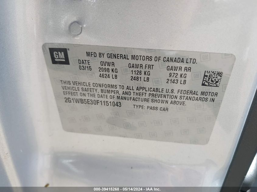 2015 Chevrolet Impala Limited Lt VIN: 2G1WB5E30F1151043 Lot: 39415268