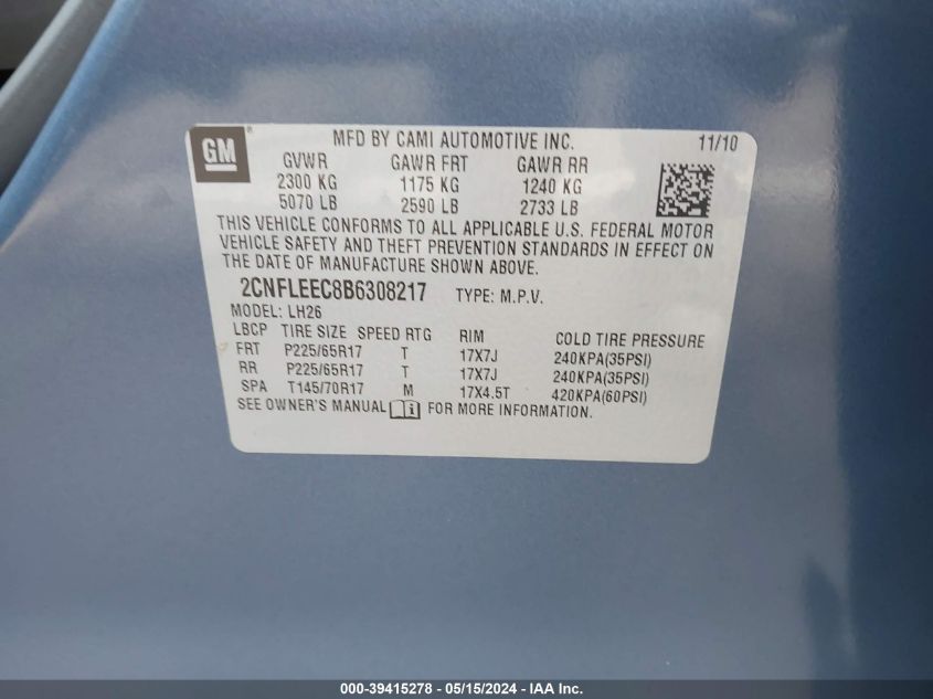 2011 Chevrolet Equinox 1Lt VIN: 2CNFLEEC8B6308217 Lot: 39415278