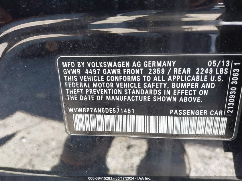 2013 Volkswagen Cc 2.0T Lux VIN: WVWRP7AN5DE571451 Lot: 39415281