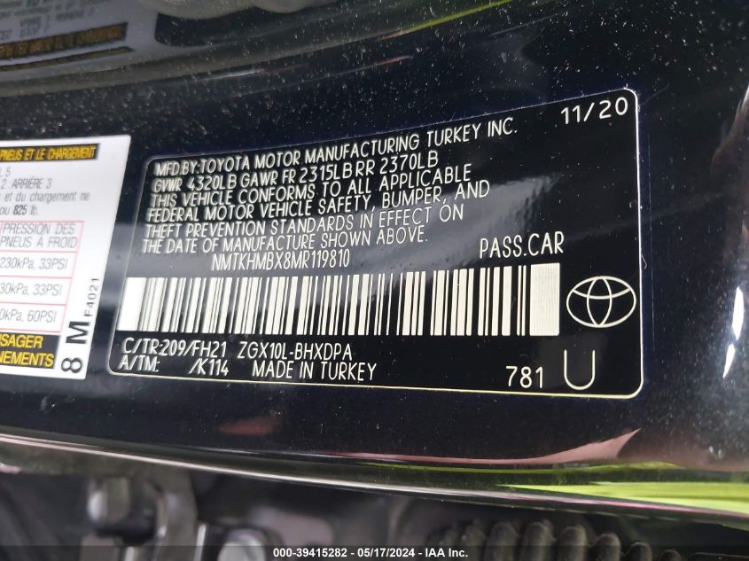 2021 Toyota C-Hr Le VIN: NMTKHMBX8MR119810 Lot: 39415282