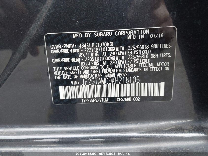 2019 Subaru Crosstrek Limited VIN: JF2GTAMC9KH218105 Lot: 39415290