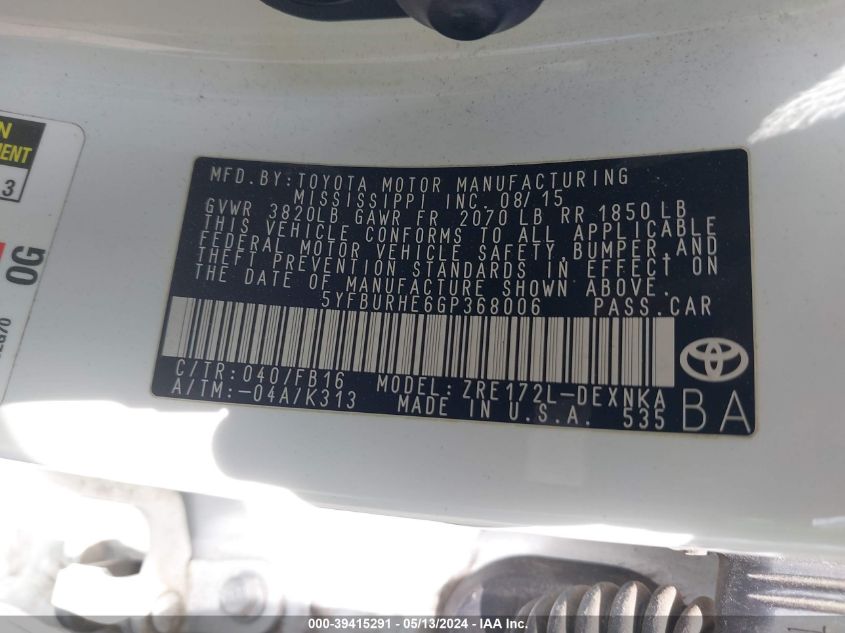 2016 Toyota Corolla Le VIN: 5YFBURHE6GP368006 Lot: 39415291