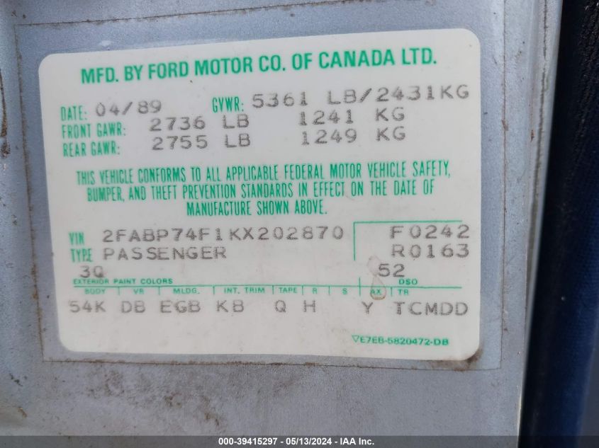 1989 Ford Crown Victoria Lx VIN: 2FABP74F1KX202870 Lot: 39415297