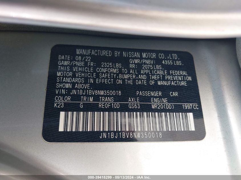 2022 Nissan Rogue Sport Sv Fwd Xtronic Cvt VIN: JN1BJ1BV8NW350018 Lot: 39415299