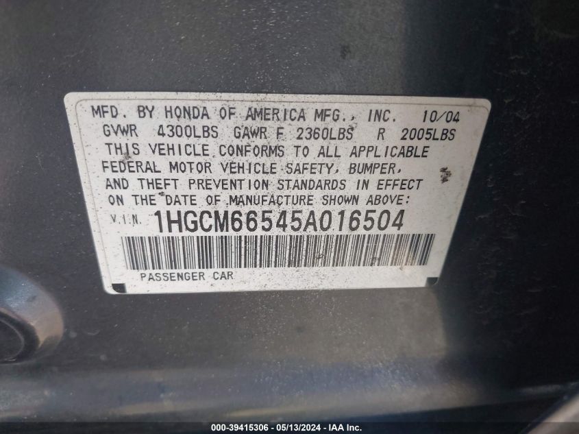 2005 Honda Accord 3.0 Ex VIN: 1HGCM66545A016504 Lot: 39415306