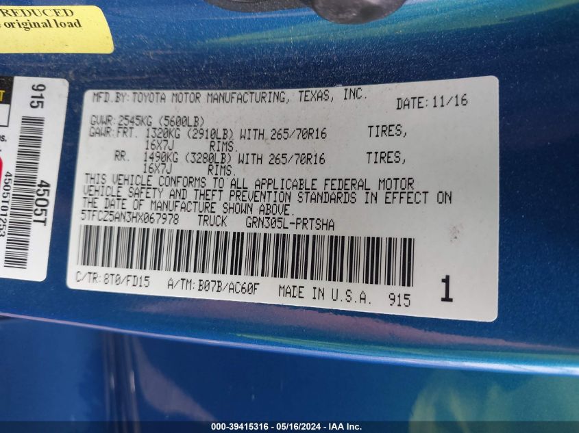 2017 Toyota Tacoma Trd Off Road VIN: 5TFCZ5AN3HX067978 Lot: 39415316