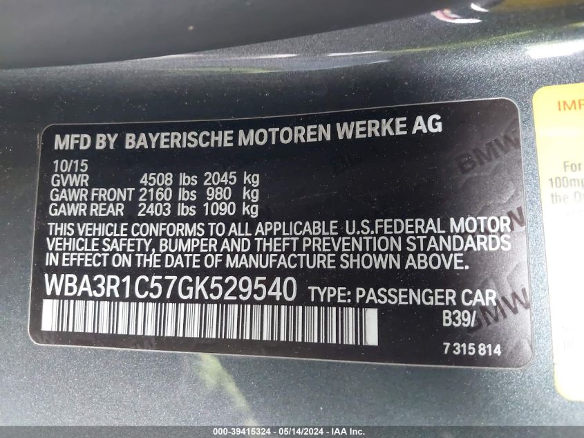 2016 BMW 435I VIN: WBA3R1C57GK529540 Lot: 39415324