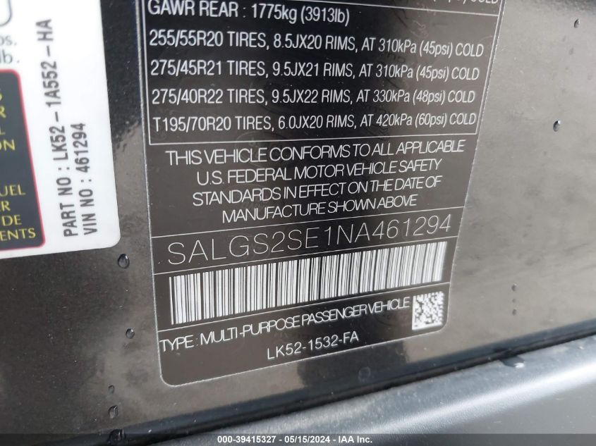 2022 Land Rover Range Rover P525 Westminster VIN: SALGS2SE1NA461294 Lot: 39415327