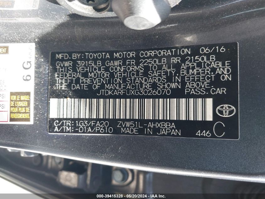 2016 Toyota Prius Two Eco VIN: JTDKARFUXG3026070 Lot: 39415328