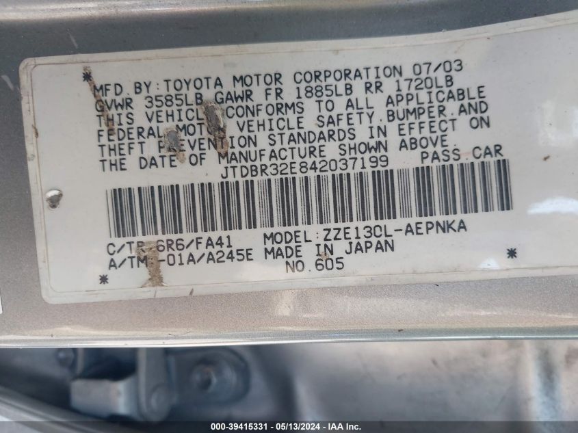 2004 Toyota Corolla Le VIN: JTDBR32E842037199 Lot: 39415331