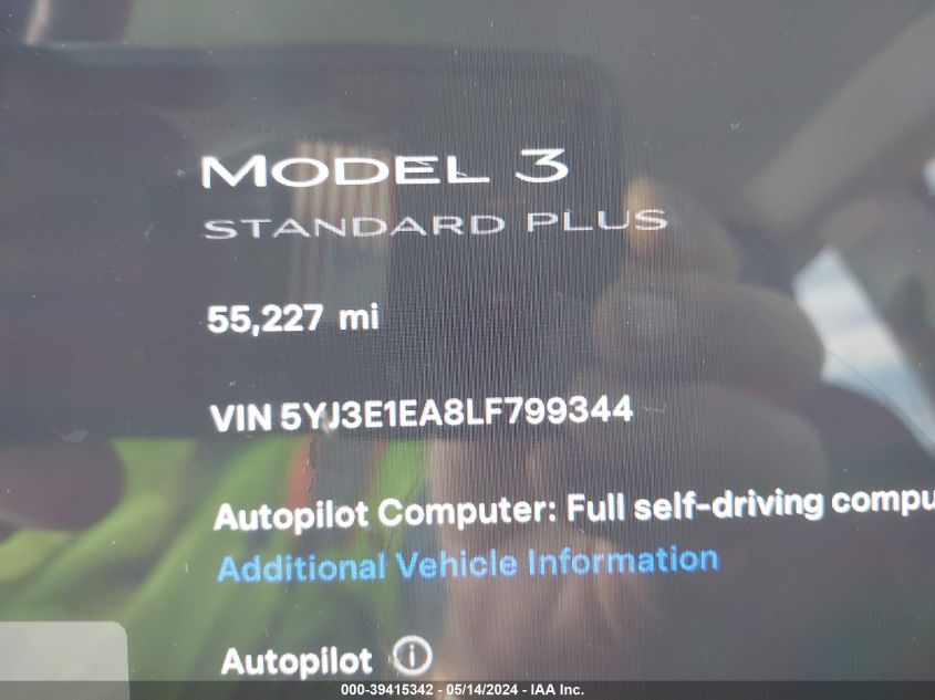 2020 Tesla Model 3 VIN: 5YJ3E1EA8LF799344 Lot: 39415342