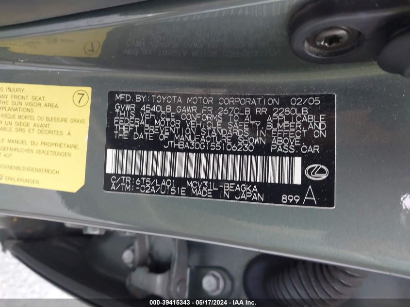 2005 Lexus Es 330 VIN: JTHBA30G155106230 Lot: 39415343