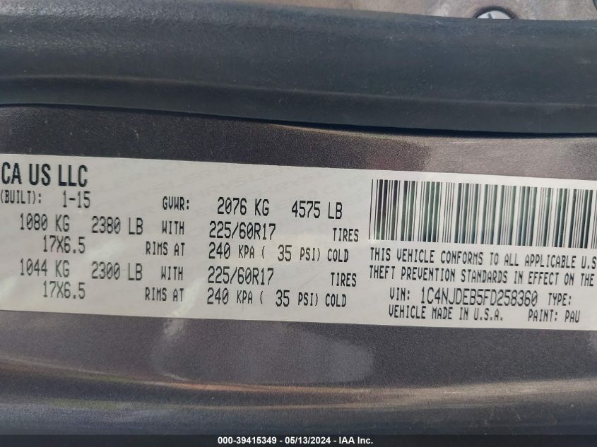2015 Jeep Compass Latitude VIN: 1C4NJDEB5FD258360 Lot: 39415349