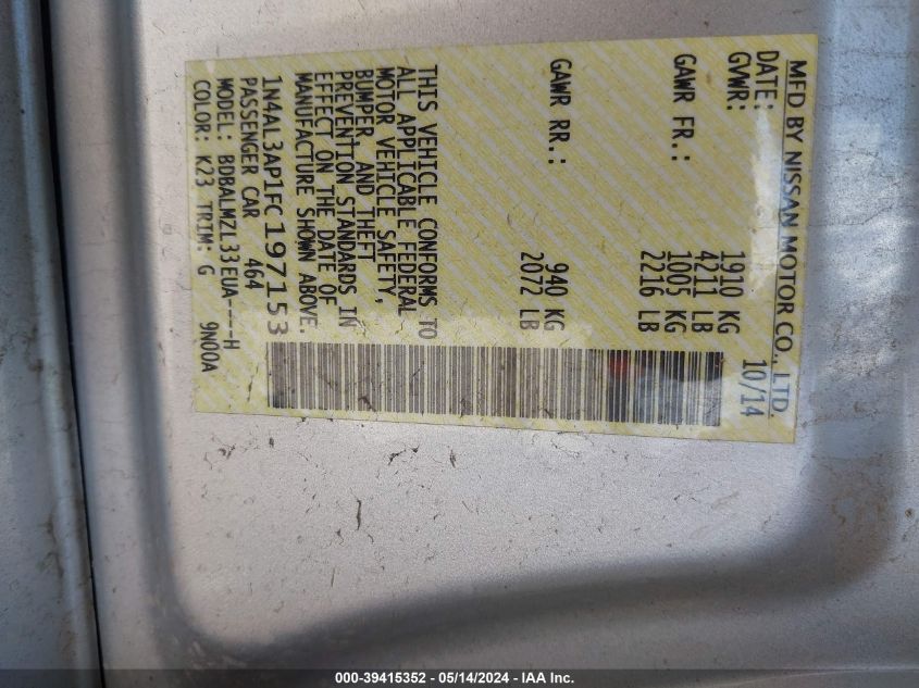 2015 Nissan Altima 2.5 Sv VIN: 1N4AL3AP1FC197153 Lot: 39415352