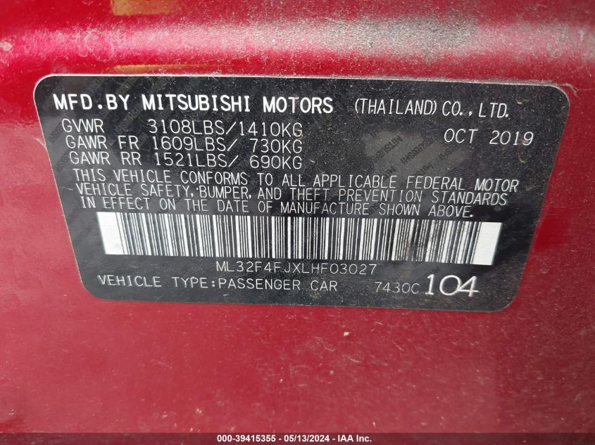 2020 Mitsubishi Mirage G4 Le VIN: ML32F4FJXLHF03027 Lot: 39415355