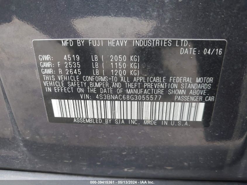 2016 Subaru Legacy 2.5I Premium VIN: 4S3BNAC68G3055577 Lot: 39415361