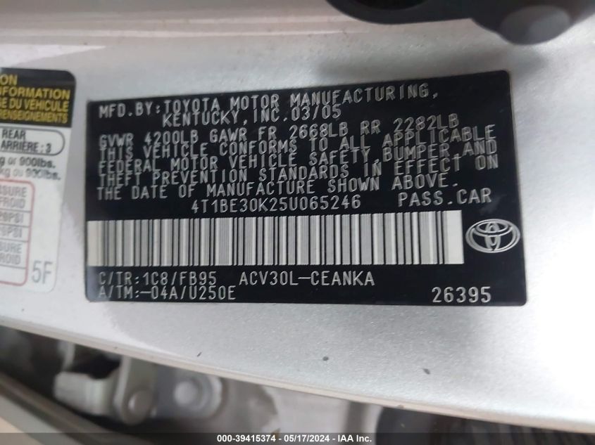 2005 Toyota Camry Le/Xle/Se VIN: 4T1BE30K25U065246 Lot: 39415374
