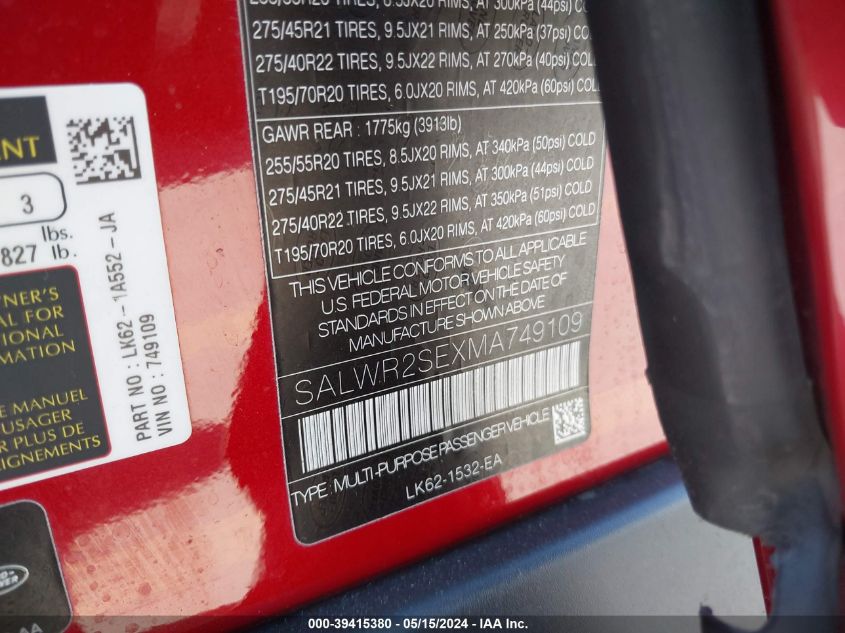 2021 Land Rover Range Rover Sport Hse Dynamic VIN: SALWR2SEXMA749109 Lot: 39415380