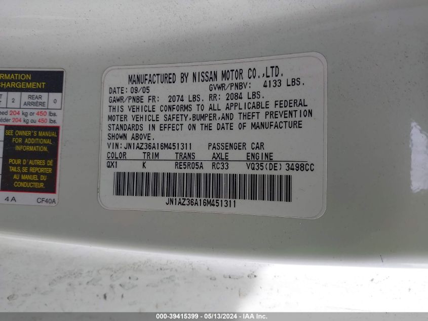 2006 Nissan 350Z Touring VIN: JN1AZ36A16M451311 Lot: 39415399