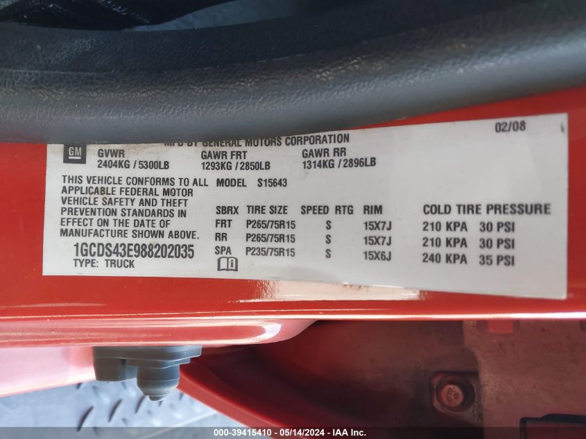 2008 Chevrolet Colorado Lt VIN: 1GCDS43E988202035 Lot: 39415410