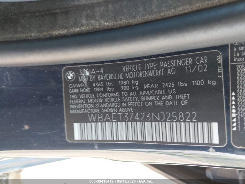 2003 BMW 325I I VIN: WBAET37423NJ25822 Lot: 39415412