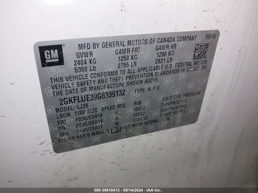 2016 GMC Terrain Slt VIN: 2GKFLUE39G6339132 Lot: 39415413