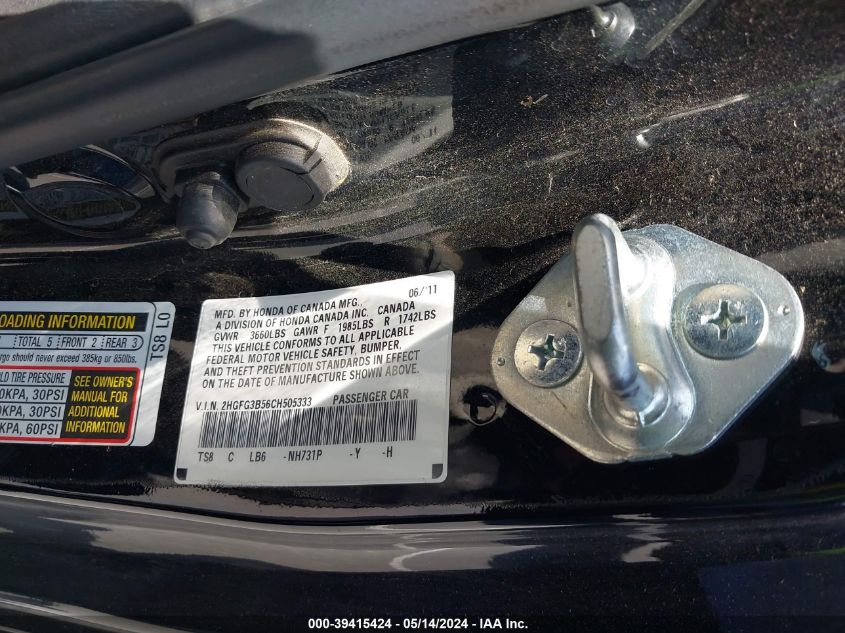 2012 Honda Civic Lx VIN: 2HGFG3B56CH505333 Lot: 39415424