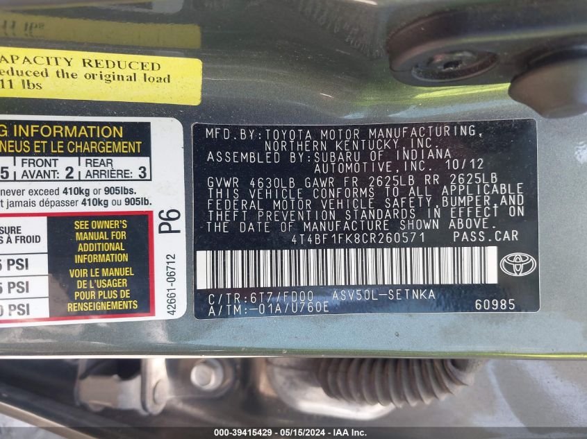 2012 Toyota Camry Le VIN: 4T4BF1FK8CR260571 Lot: 39415429