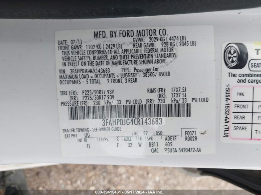 2012 Ford Fusion Sel VIN: 3FAHP0JG4CR143683 Lot: 39415431