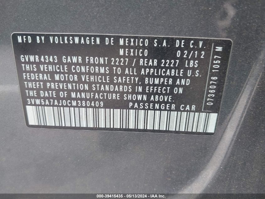 2012 Volkswagen Jetta Gli VIN: 3VW5A7AJ0CM380409 Lot: 39415435