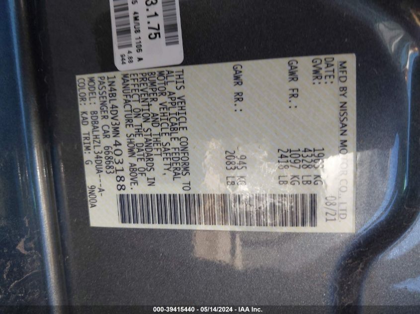 2021 Nissan Altima Sv Fwd VIN: 1N4BL4DV3MN403188 Lot: 39415440