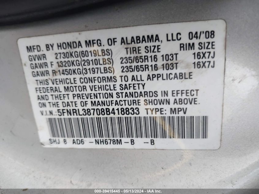 2008 Honda Odyssey Ex-L VIN: 5FNRL38708B418833 Lot: 39415445