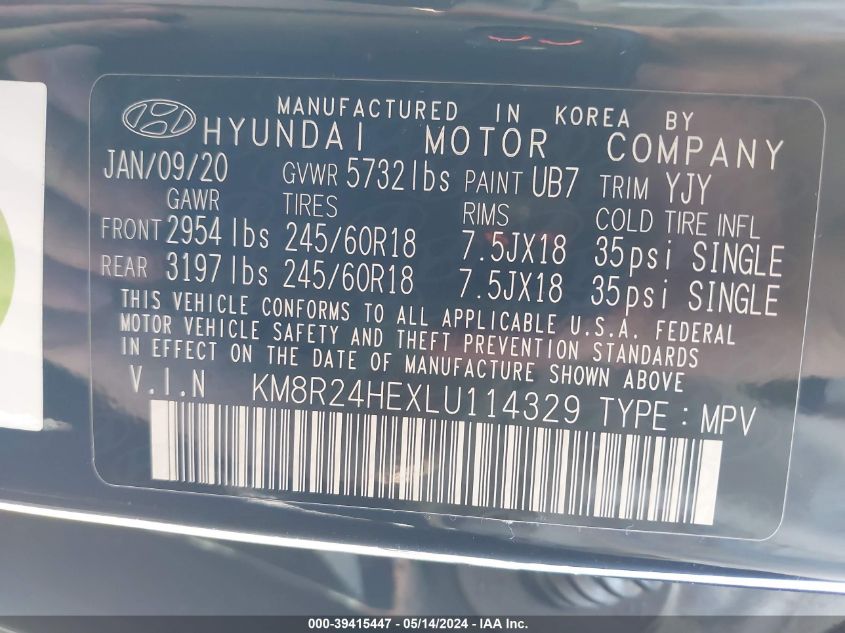 2020 Hyundai Palisade Sel VIN: KM8R24HEXLU114329 Lot: 39415447