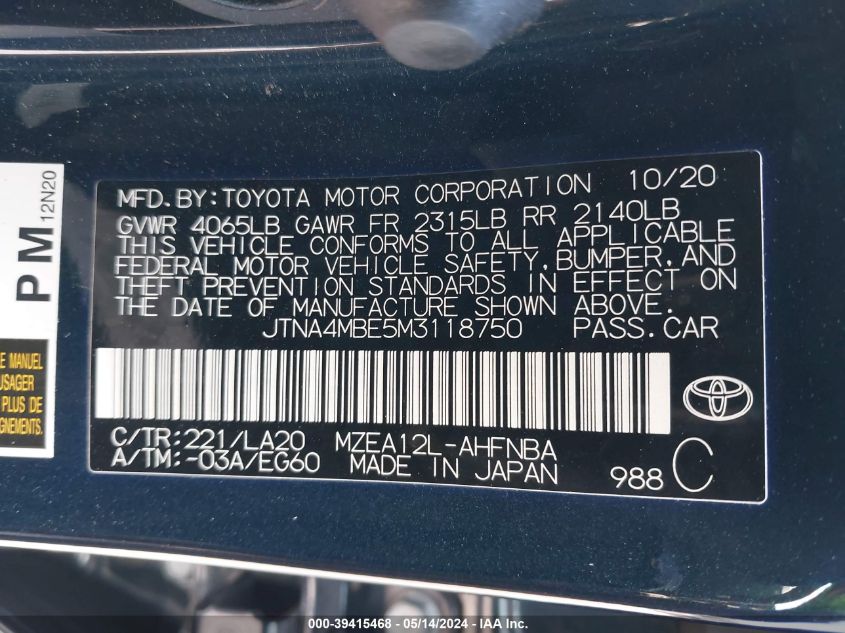 2021 Toyota Corolla Xse VIN: JTNA4MBE5M3118750 Lot: 39415468