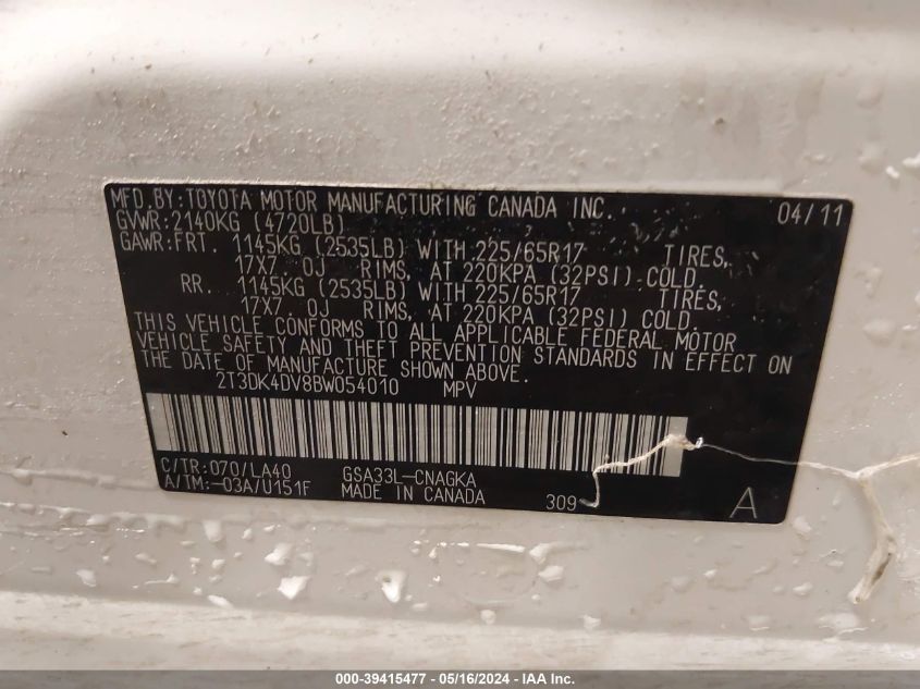 2011 Toyota Rav4 Limited V6 VIN: 2T3DK4DV8BW054010 Lot: 39415477