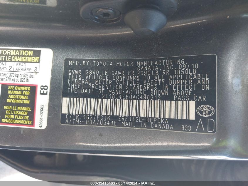 2010 Toyota Corolla Le/S/Xle VIN: 2T1BU4EE0AC490312 Lot: 39415483