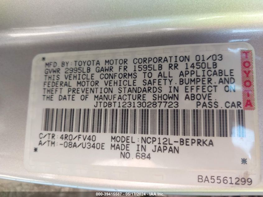 2003 Toyota Echo VIN: JTDBT123130287723 Lot: 39415587