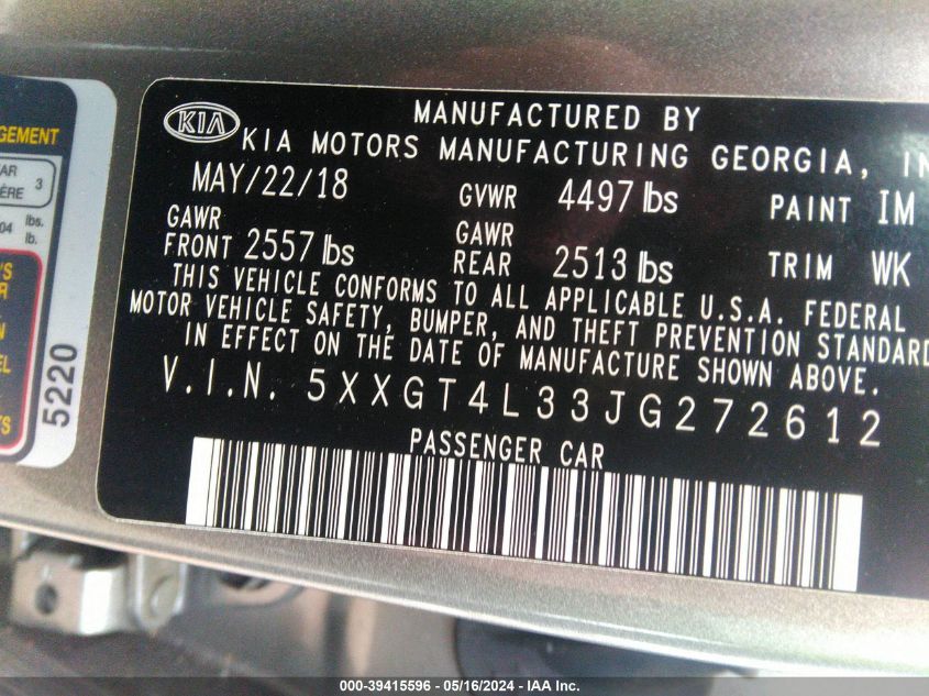 2018 Kia Optima Lx VIN: 5XXGT4L33JG272612 Lot: 39415596