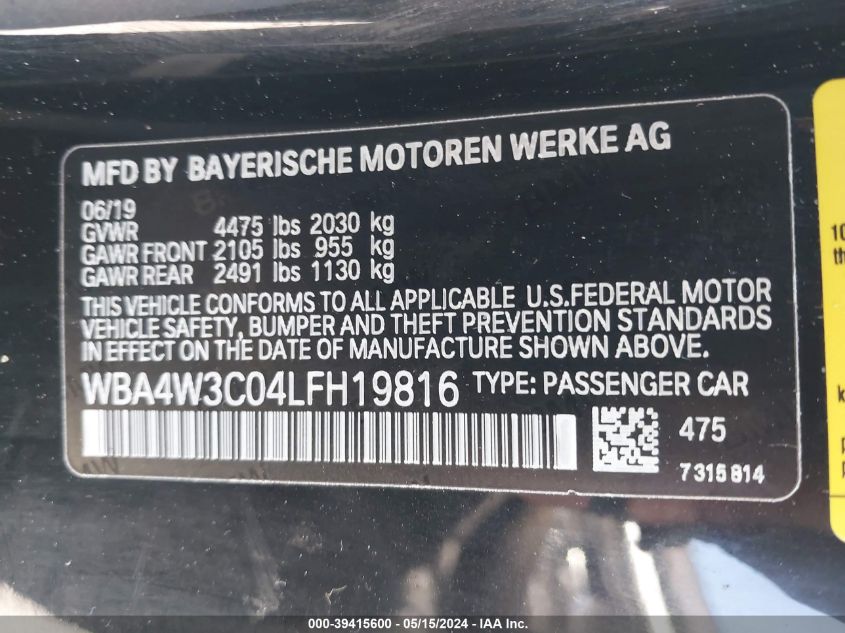 2020 BMW 430I VIN: WBA4W3C04LFH19816 Lot: 39415600