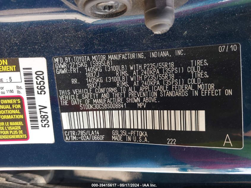 2011 Toyota Sienna Limited VIN: 5TDDK3DC5BS008841 Lot: 39415617