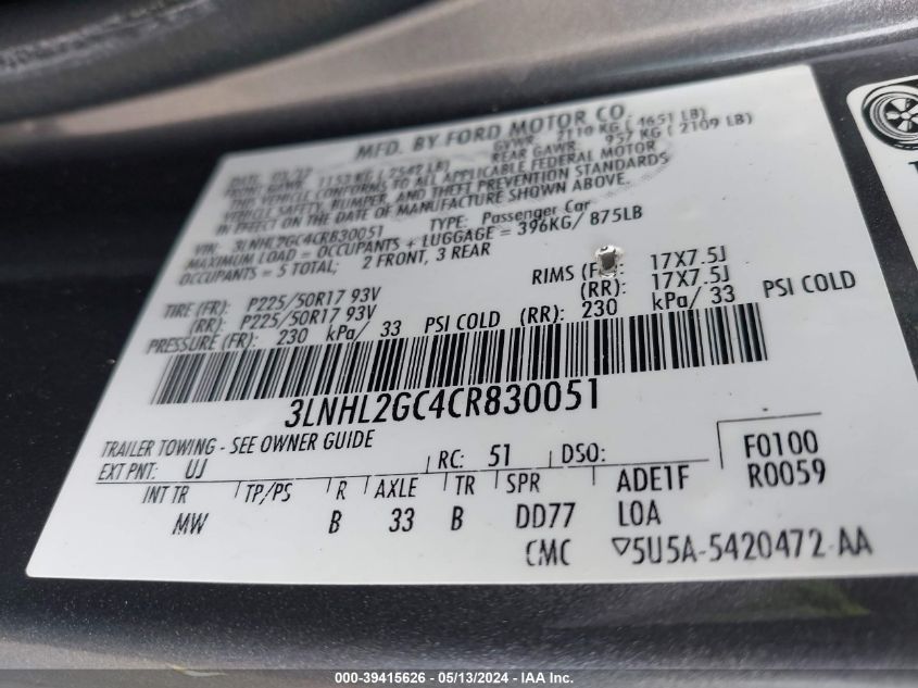 2012 Lincoln Mkz VIN: 3LNHL2GC4CR830051 Lot: 39415626