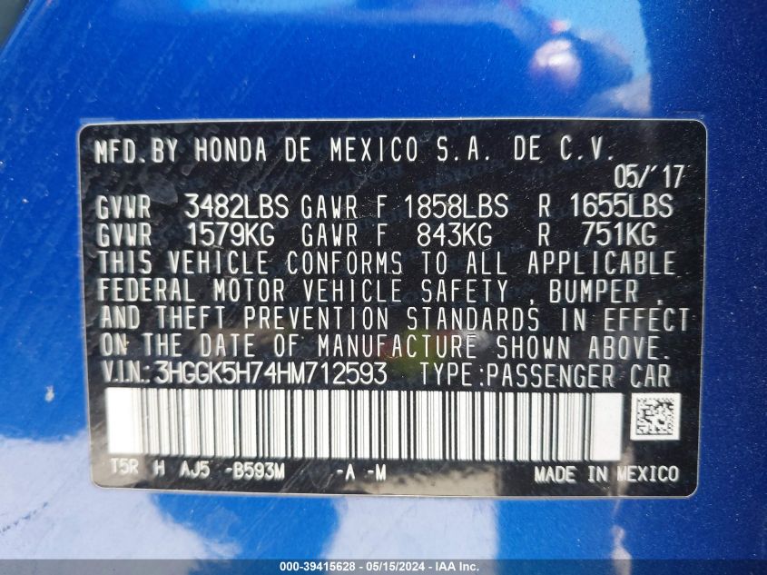 2017 Honda Fit Ex VIN: 3HGGK5H74HM712593 Lot: 39415628